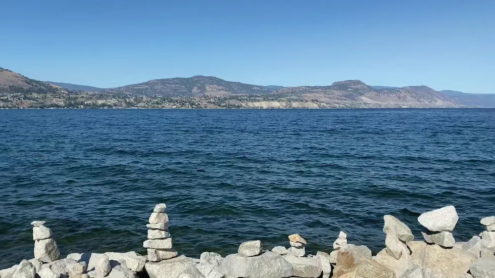 Naramata rock cairns on lakeshore